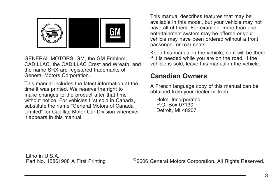 Canadian owners | Cadillac 2007 SRX User Manual | Page 3 / 522