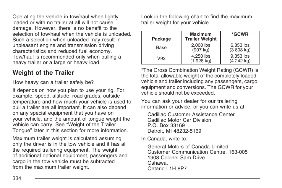 Weight of the trailer | Cadillac 2007 SRX User Manual | Page 334 / 522