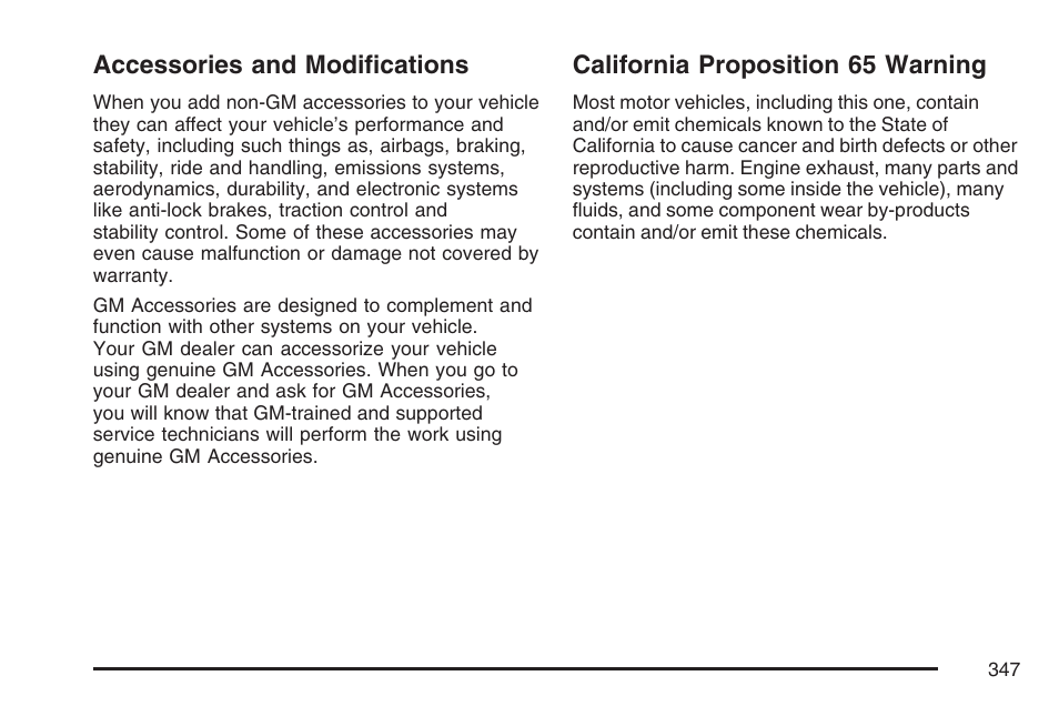 Accessories and modifications, California proposition 65 warning | Cadillac 2007 SRX User Manual | Page 347 / 522