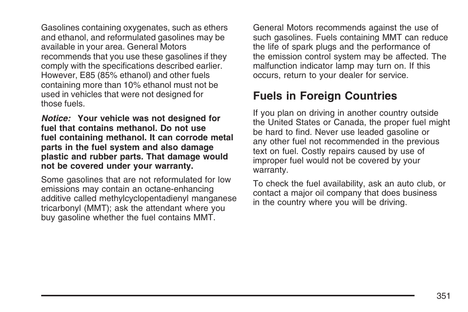 Fuels in foreign countries | Cadillac 2007 SRX User Manual | Page 351 / 522