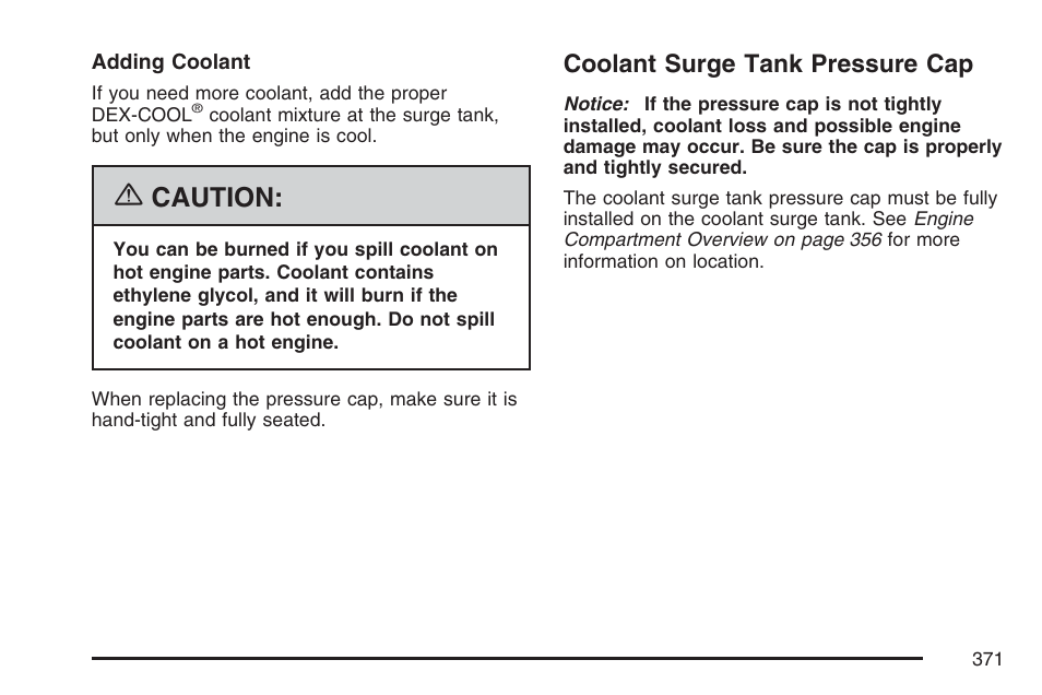 Coolant surge tank pressure cap, Caution | Cadillac 2007 SRX User Manual | Page 371 / 522