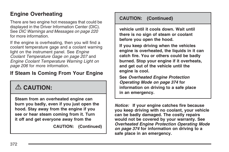 Engine overheating, Caution | Cadillac 2007 SRX User Manual | Page 372 / 522