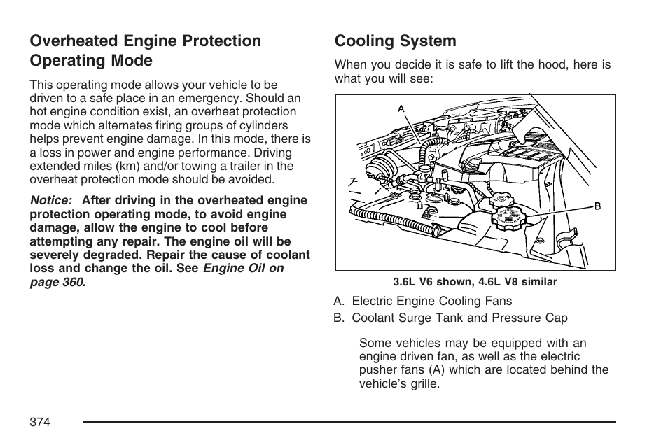 Overheated engine protection operating mode, Cooling system, Overheated engine protection | Operating mode | Cadillac 2007 SRX User Manual | Page 374 / 522