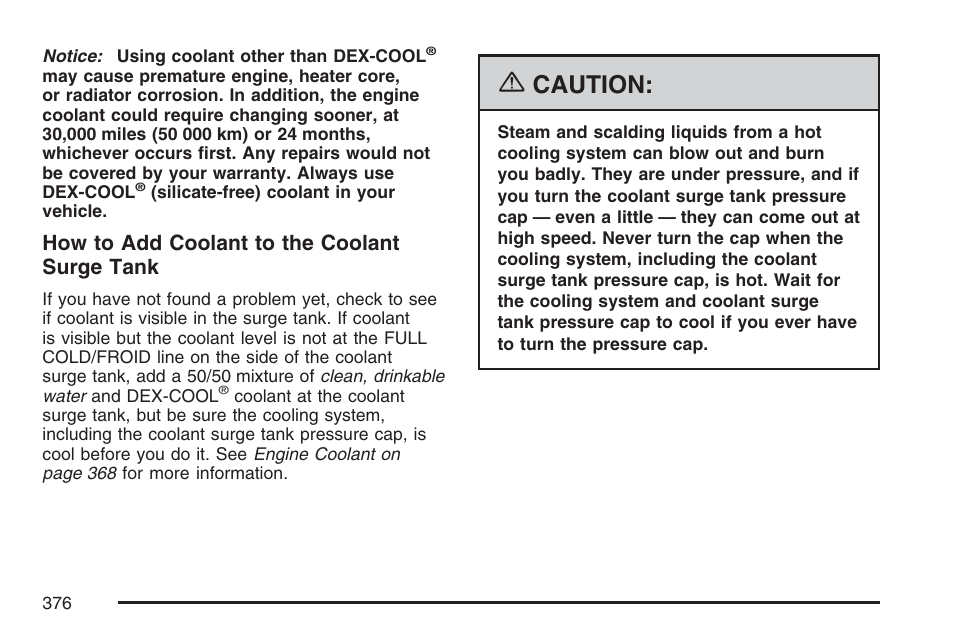 Caution, How to add coolant to the coolant surge tank | Cadillac 2007 SRX User Manual | Page 376 / 522