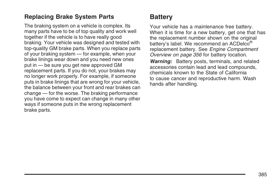 Battery | Cadillac 2007 SRX User Manual | Page 385 / 522