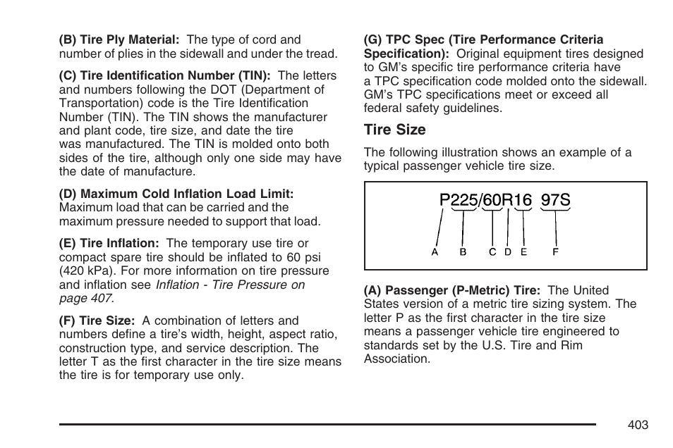 Tire size | Cadillac 2007 SRX User Manual | Page 403 / 522