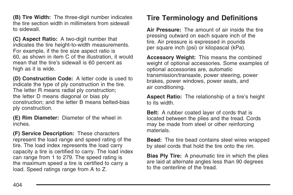 Tire terminology and definitions | Cadillac 2007 SRX User Manual | Page 404 / 522