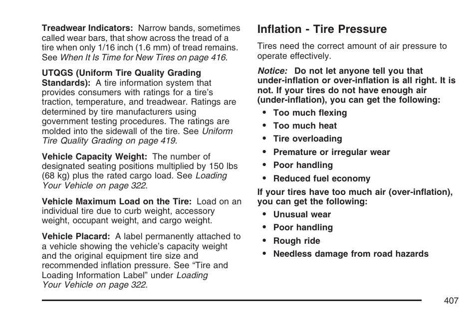 Inflation - tire pressure | Cadillac 2007 SRX User Manual | Page 407 / 522