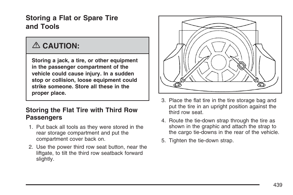 Storing a flat or spare tire and tools, Caution | Cadillac 2007 SRX User Manual | Page 439 / 522