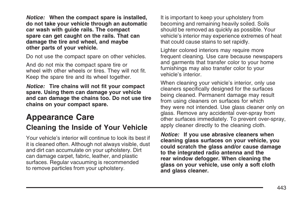 Appearance care, Cleaning the inside of your vehicle | Cadillac 2007 SRX User Manual | Page 443 / 522