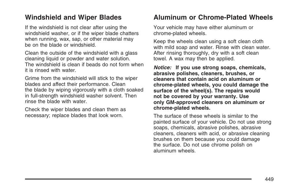 Windshield and wiper blades, Aluminum or chrome-plated wheels | Cadillac 2007 SRX User Manual | Page 449 / 522