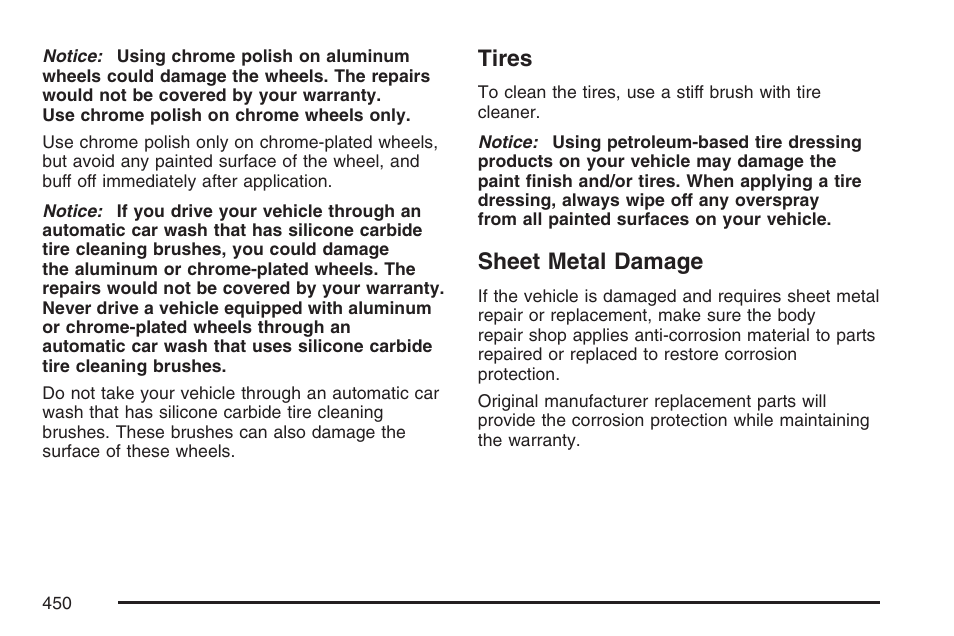 Tires, Sheet metal damage, Tires sheet metal damage | Cadillac 2007 SRX User Manual | Page 450 / 522