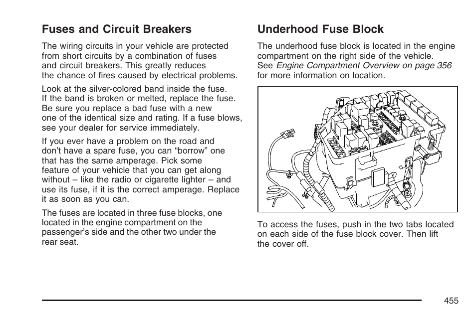 Fuses and circuit breakers, Underhood fuse block, Fuses and circuit breakers underhood fuse block | Underhood fuse, Block | Cadillac 2007 SRX User Manual | Page 455 / 522