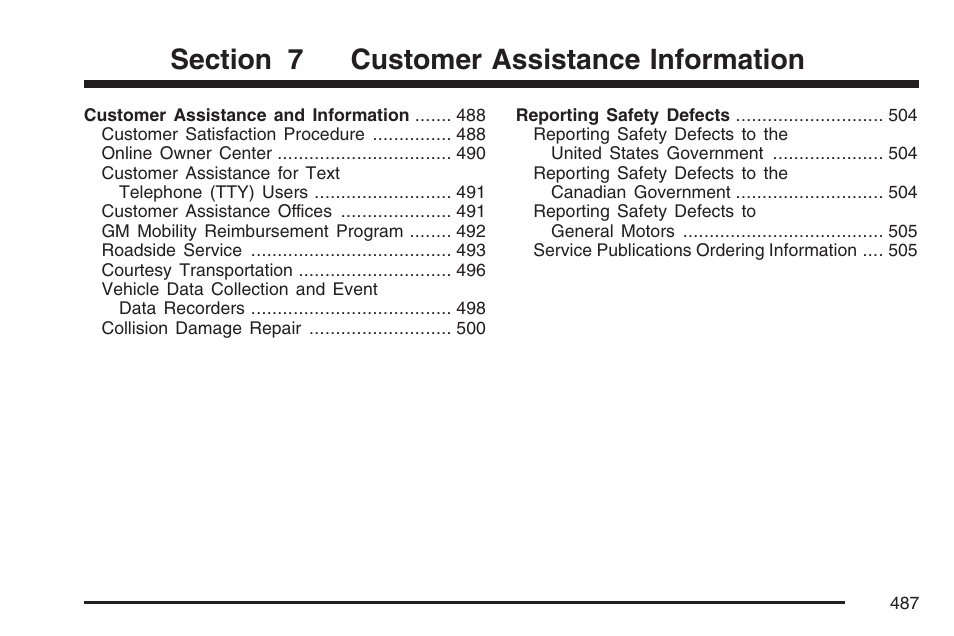 Customer assistance information | Cadillac 2007 SRX User Manual | Page 487 / 522