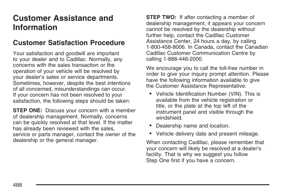 Customer assistance and information, Customer satisfaction procedure | Cadillac 2007 SRX User Manual | Page 488 / 522