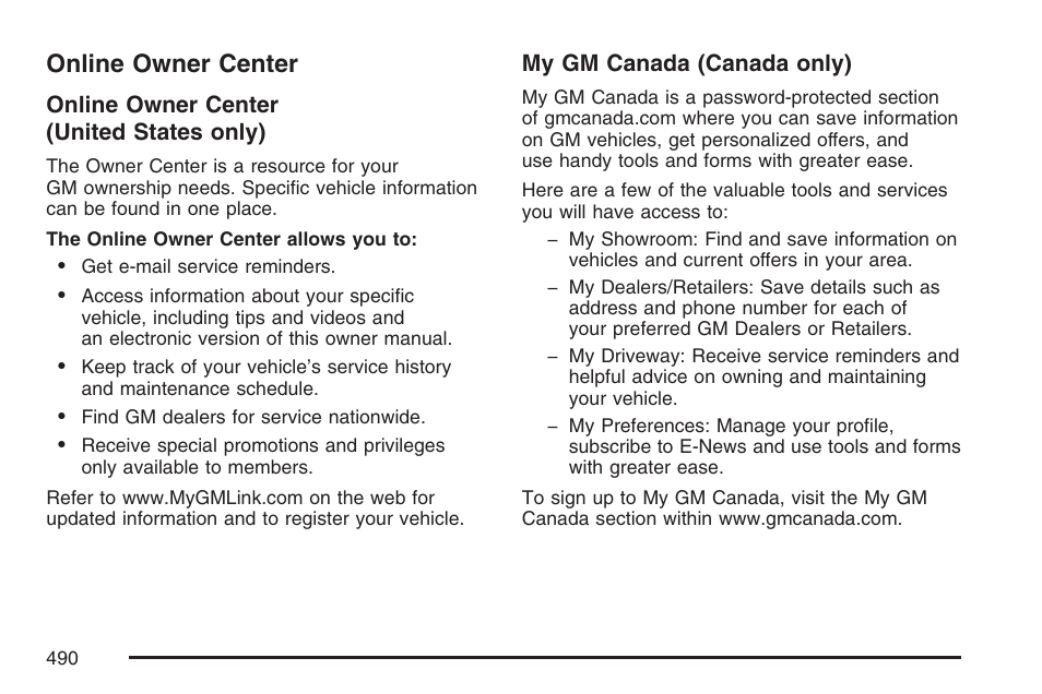 Online owner center | Cadillac 2007 SRX User Manual | Page 490 / 522