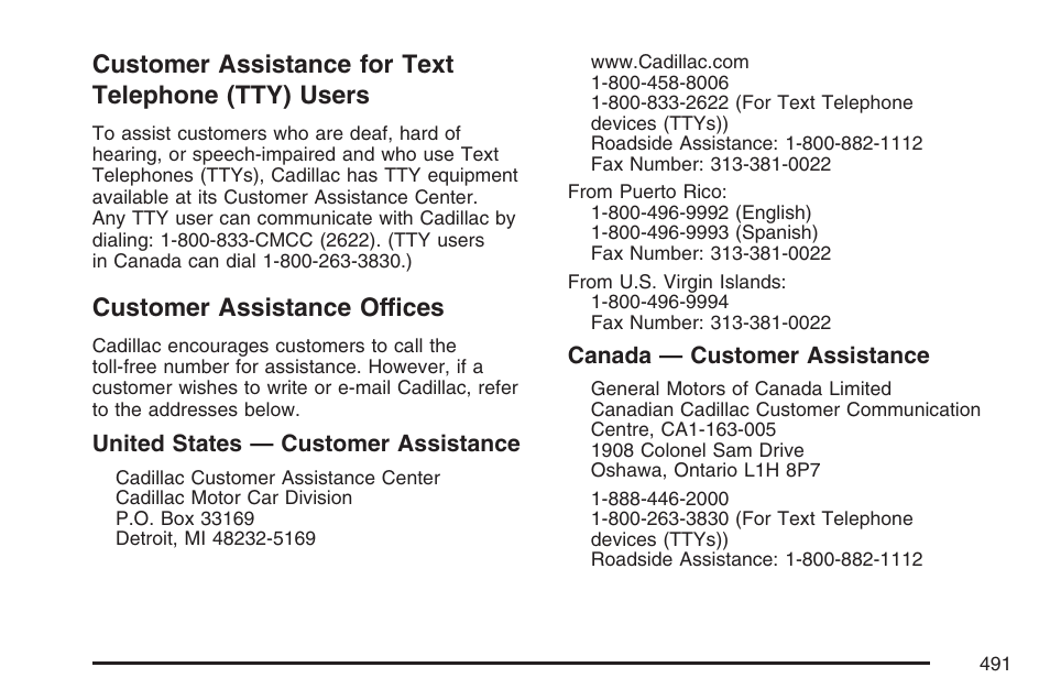 Customer assistance for text telephone (tty) users, Customer assistance offices, Customer assistance for text | Telephone (tty) users | Cadillac 2007 SRX User Manual | Page 491 / 522