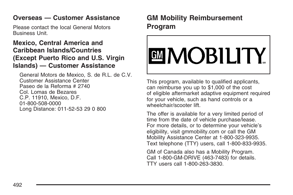 Gm mobility reimbursement program | Cadillac 2007 SRX User Manual | Page 492 / 522