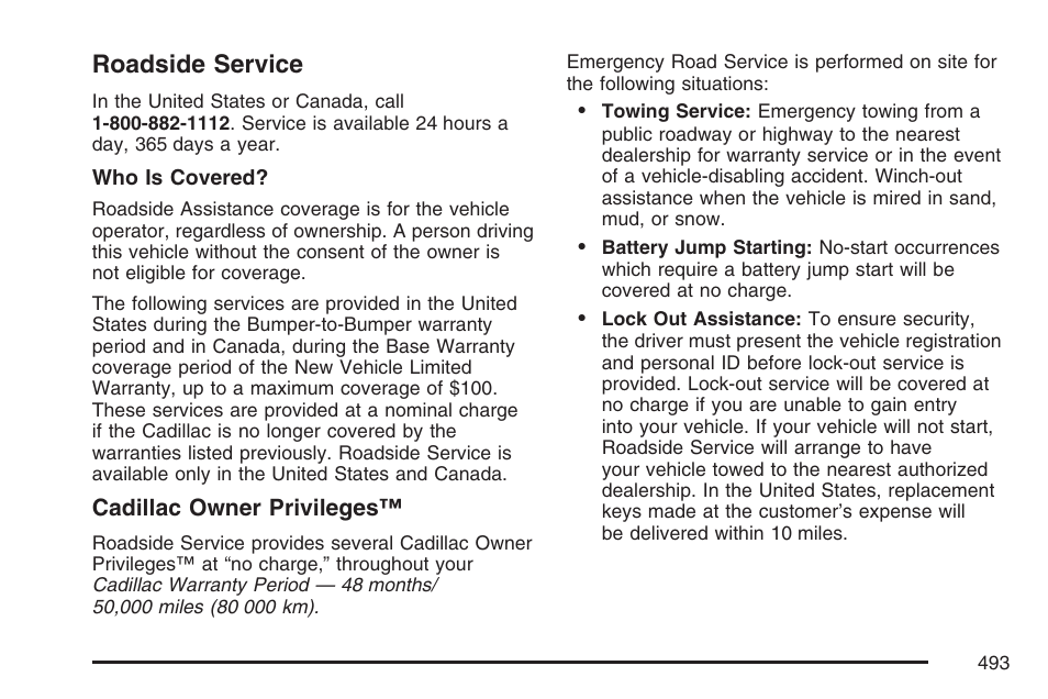 Roadside service | Cadillac 2007 SRX User Manual | Page 493 / 522