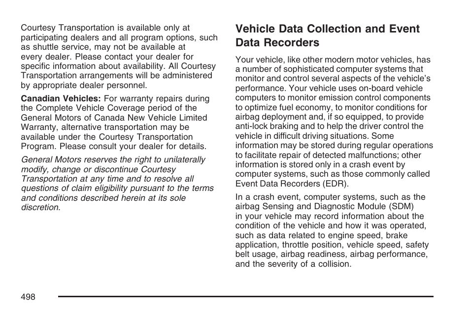 Vehicle data collection and event data recorders, Vehicle data collection and event, Data recorders | Cadillac 2007 SRX User Manual | Page 498 / 522