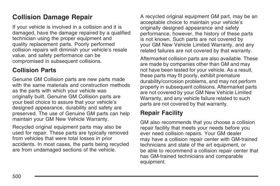 Collision damage repair | Cadillac 2007 SRX User Manual | Page 500 / 522