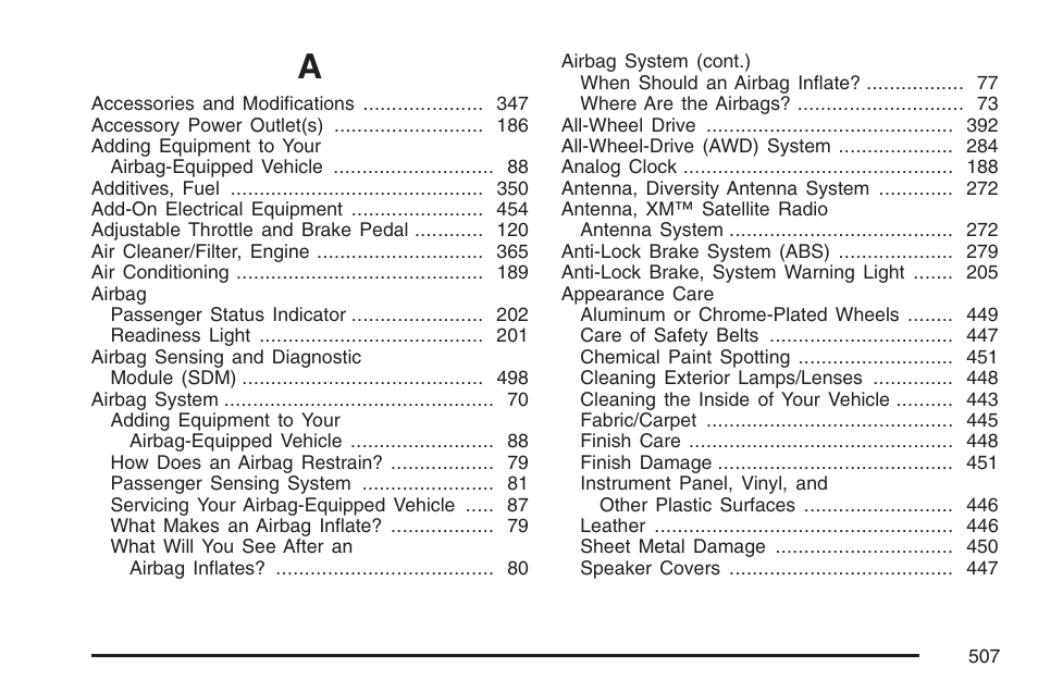 Index | Cadillac 2007 SRX User Manual | Page 507 / 522