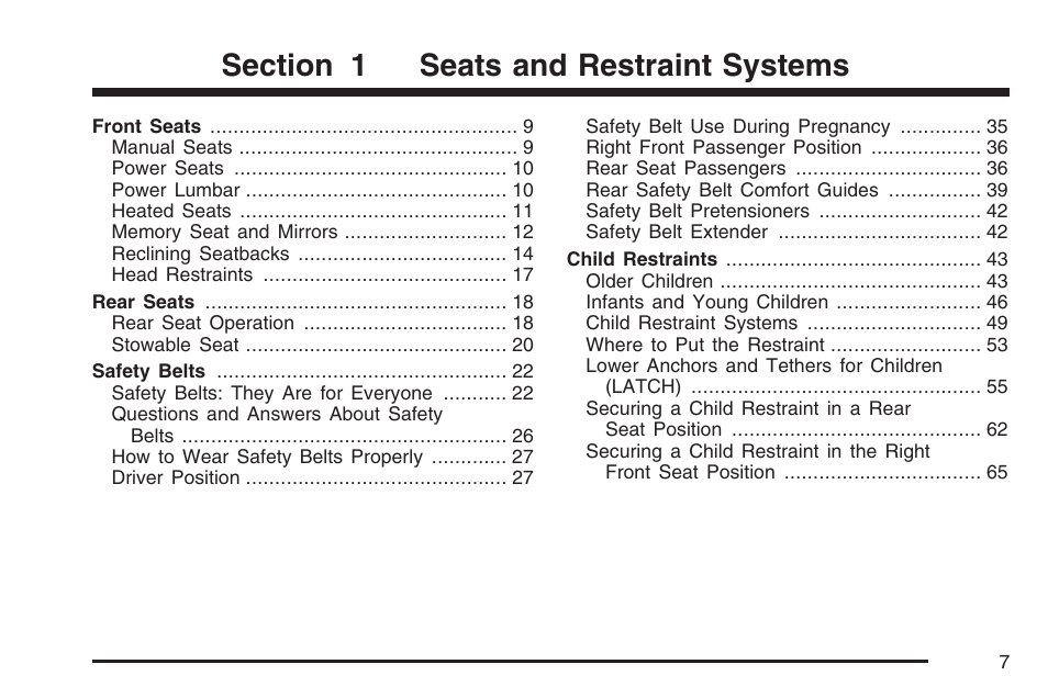 Seats and restraint systems | Cadillac 2007 SRX User Manual | Page 7 / 522