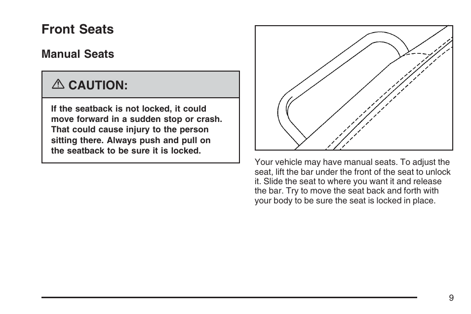 Front seats, Manual seats | Cadillac 2007 SRX User Manual | Page 9 / 522