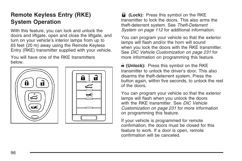 Remote keyless entry (rke) system operation, Remote keyless entry (rke) system, Operation | Cadillac 2007 SRX User Manual | Page 96 / 522