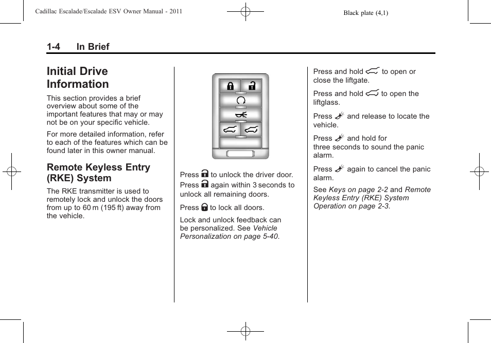 Initial drive information, Remote keyless entry (rke) system, Initial drive information -4 | Warning lights, gauges, and, Starting and operating, System -4 | Cadillac 2011 Escalade ESV User Manual | Page 10 / 558