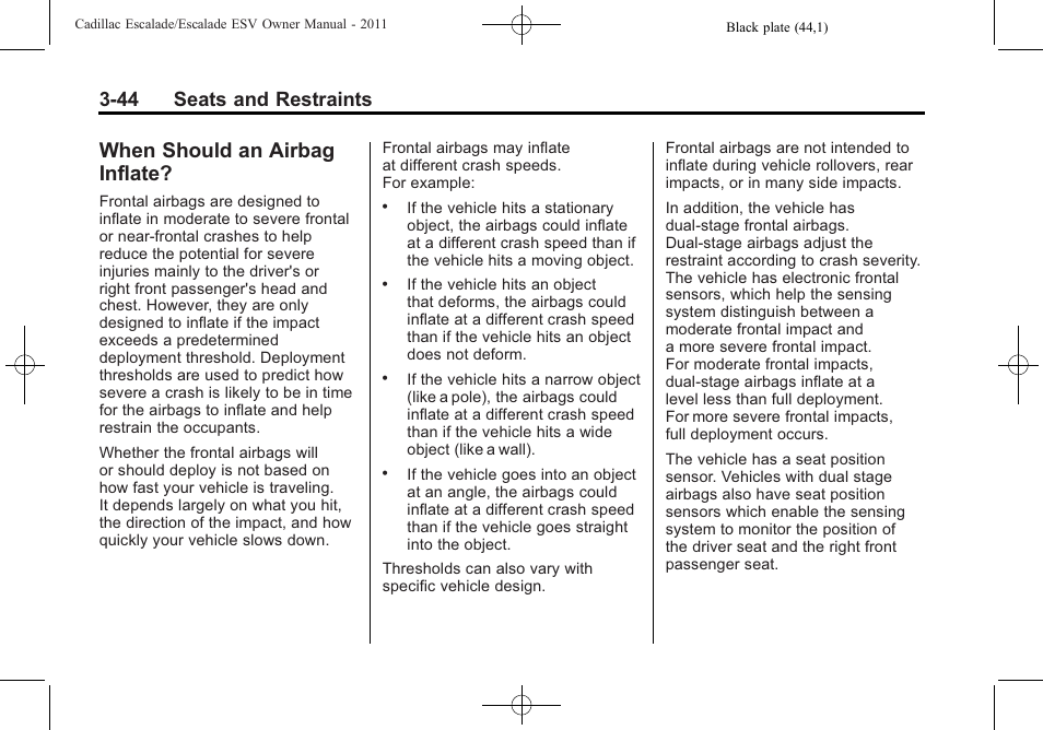 When should an airbag inflate, When should an airbag, Inflate? -44 | 44 seats and restraints | Cadillac 2011 Escalade ESV User Manual | Page 100 / 558
