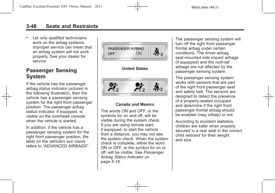 Passenger sensing system, Sensing, 48 seats and restraints | Cadillac 2011 Escalade ESV User Manual | Page 104 / 558