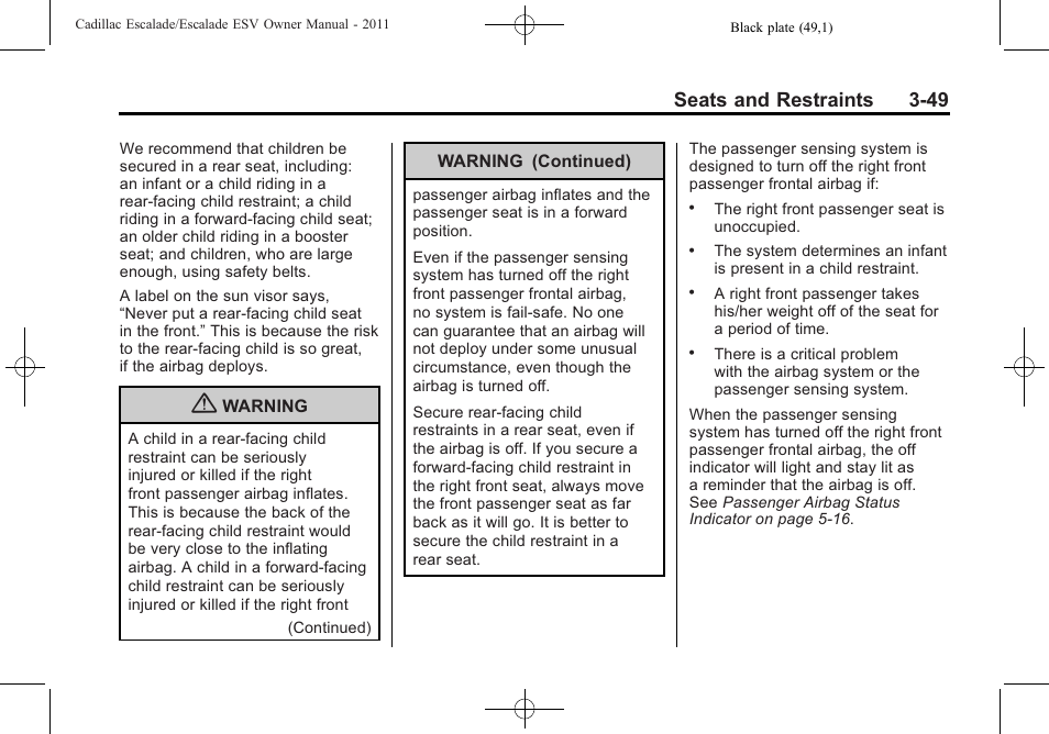 Seats and restraints 3-49 | Cadillac 2011 Escalade ESV User Manual | Page 105 / 558