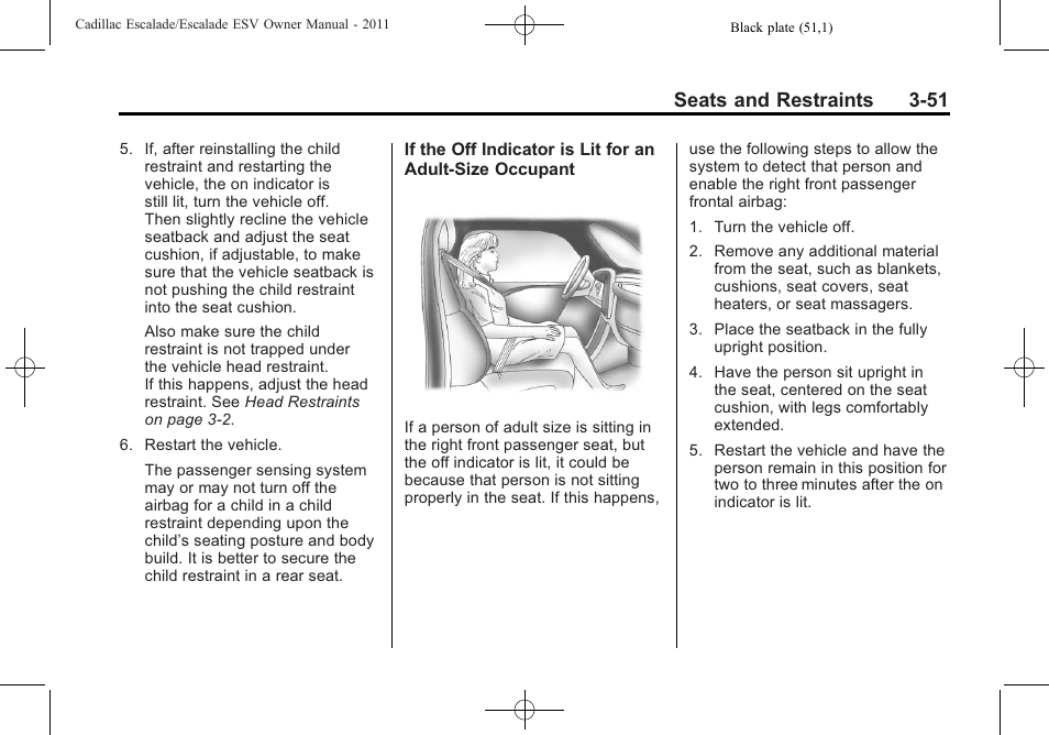 Seats and restraints 3-51 | Cadillac 2011 Escalade ESV User Manual | Page 107 / 558