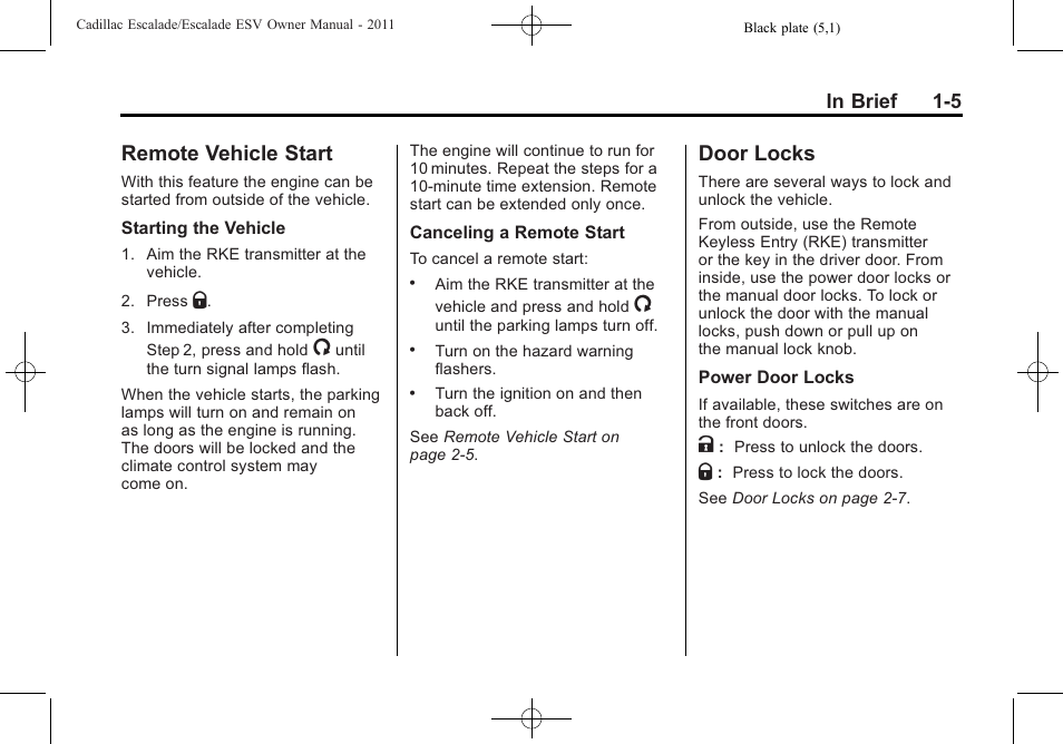 Remote vehicle start, Door locks, Remote vehicle start -5 door locks -5 | Interior | Cadillac 2011 Escalade ESV User Manual | Page 11 / 558