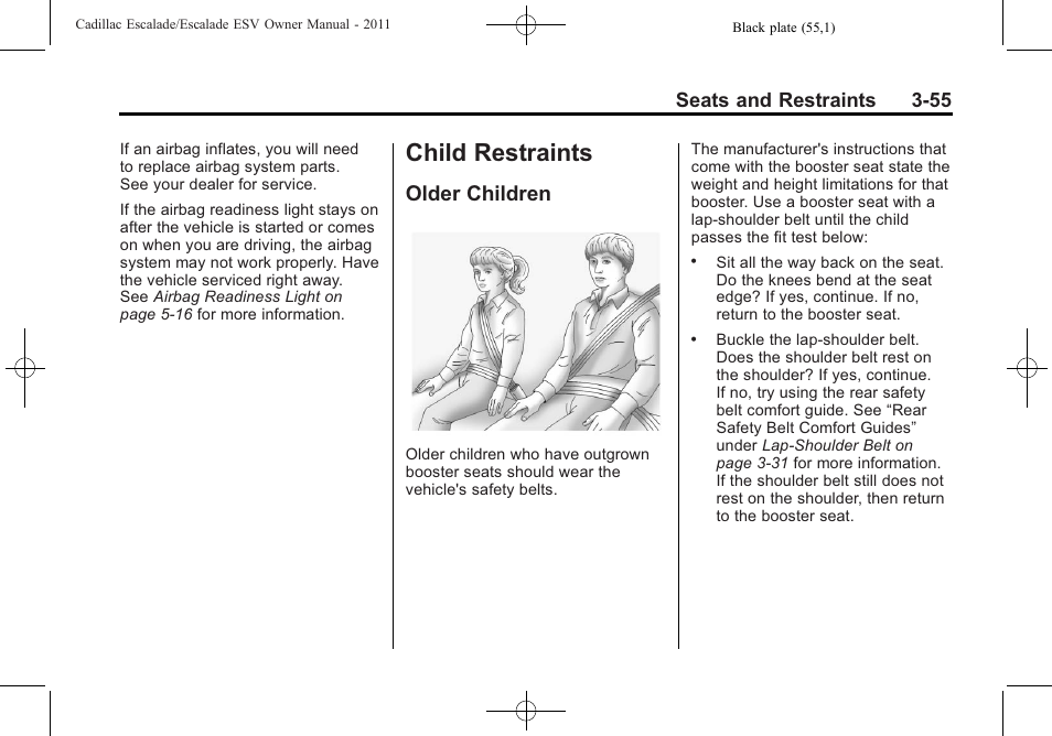 Child restraints, Older children, Child restraints -55 | Older children -55, Seats and restraints 3-55 | Cadillac 2011 Escalade ESV User Manual | Page 111 / 558