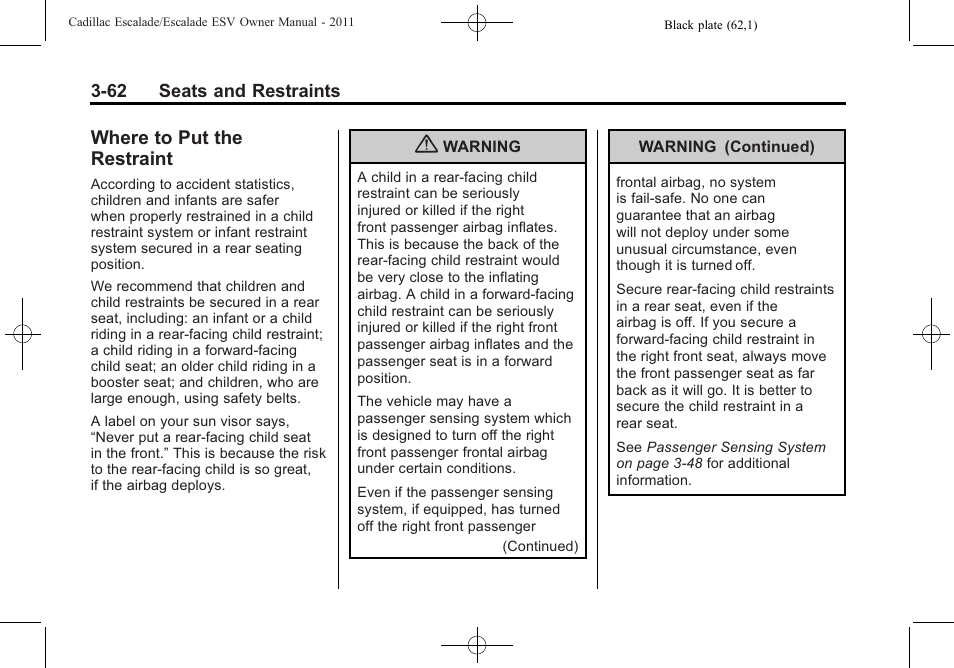 Where to put the restraint, Where to put the restraint -62 | Cadillac 2011 Escalade ESV User Manual | Page 118 / 558