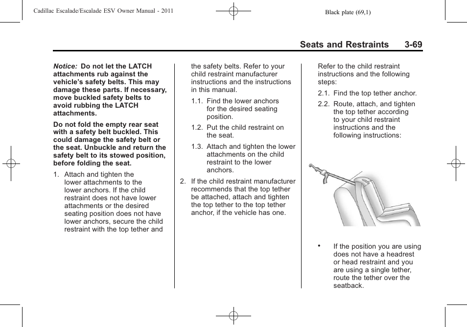 Seats and restraints 3-69 | Cadillac 2011 Escalade ESV User Manual | Page 125 / 558