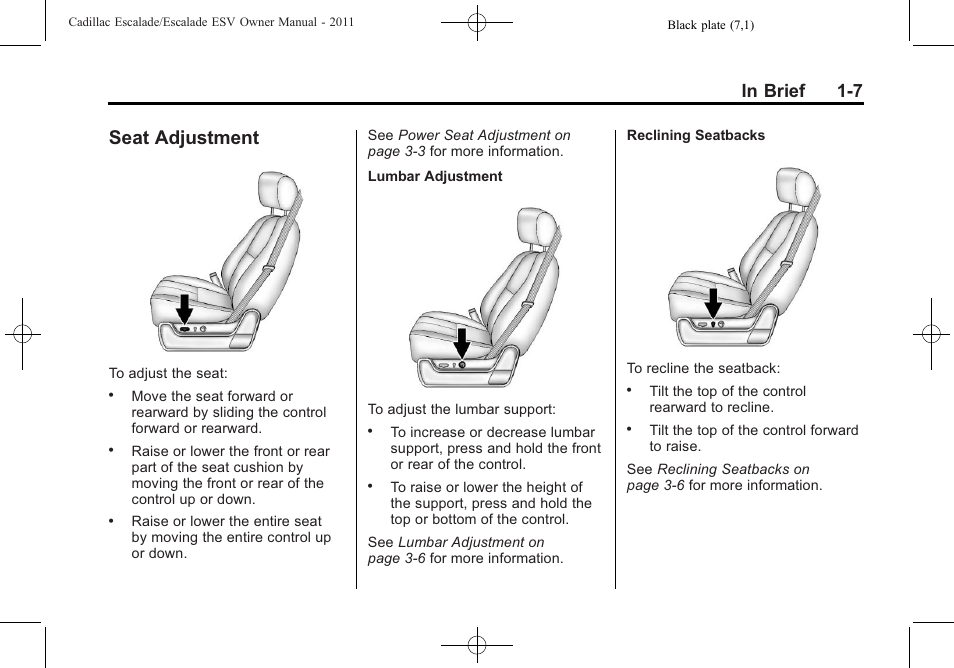 Seat adjustment, Seat adjustment -7 | Cadillac 2011 Escalade ESV User Manual | Page 13 / 558