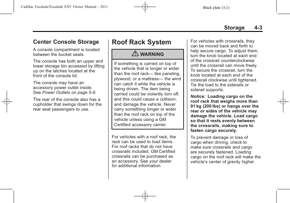Center console storage, Roof rack system, Roof rack system -3 | Center console storage -3 | Cadillac 2011 Escalade ESV User Manual | Page 137 / 558