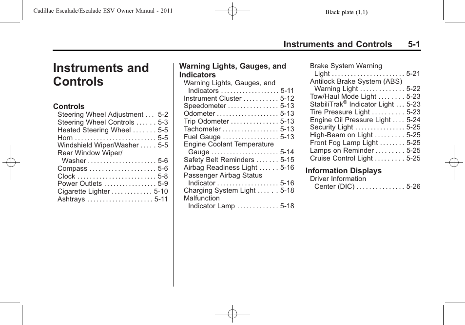 Instruments and controls, Instruments and controls -1, Instruments and controls 5-1 | Cadillac 2011 Escalade ESV User Manual | Page 139 / 558