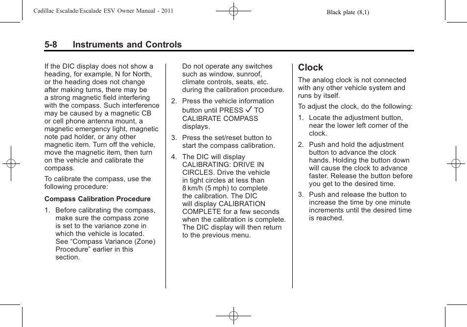 Clock, Clock -8, 8 instruments and controls | Cadillac 2011 Escalade ESV User Manual | Page 146 / 558