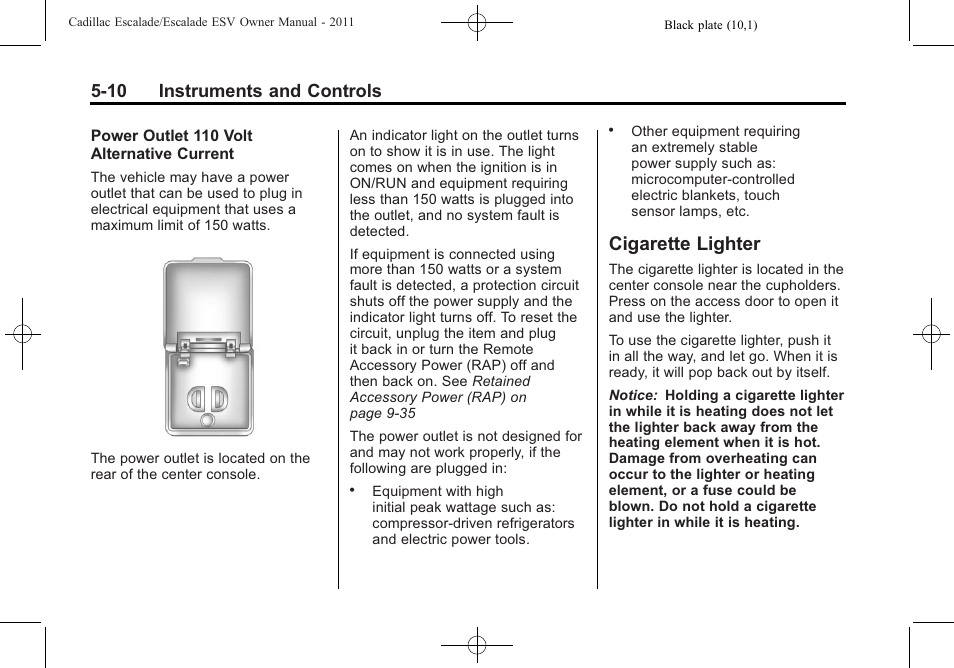 Cigarette lighter, Cigarette lighter -10, 10 instruments and controls | Cadillac 2011 Escalade ESV User Manual | Page 148 / 558