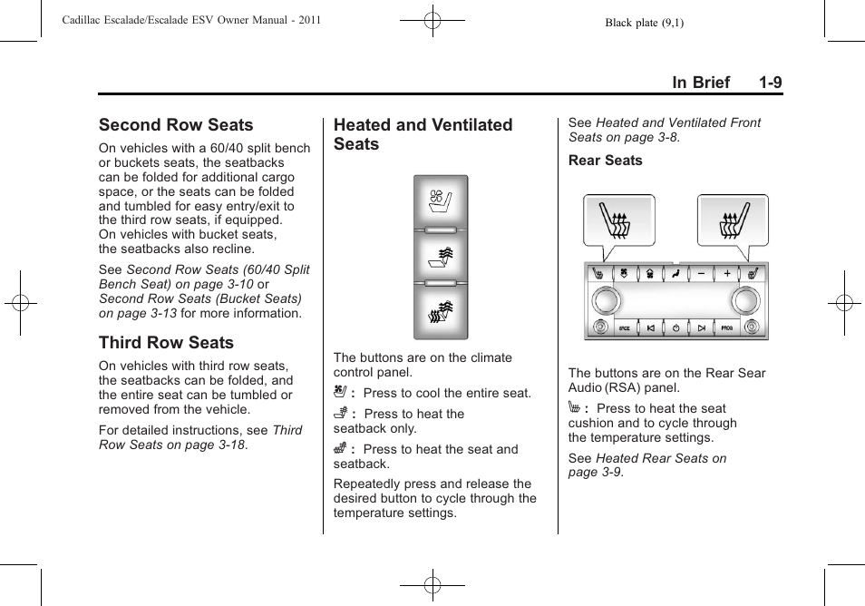 Second row seats, Third row seats, Heated and ventilated seats | Seats -9 | Cadillac 2011 Escalade ESV User Manual | Page 15 / 558