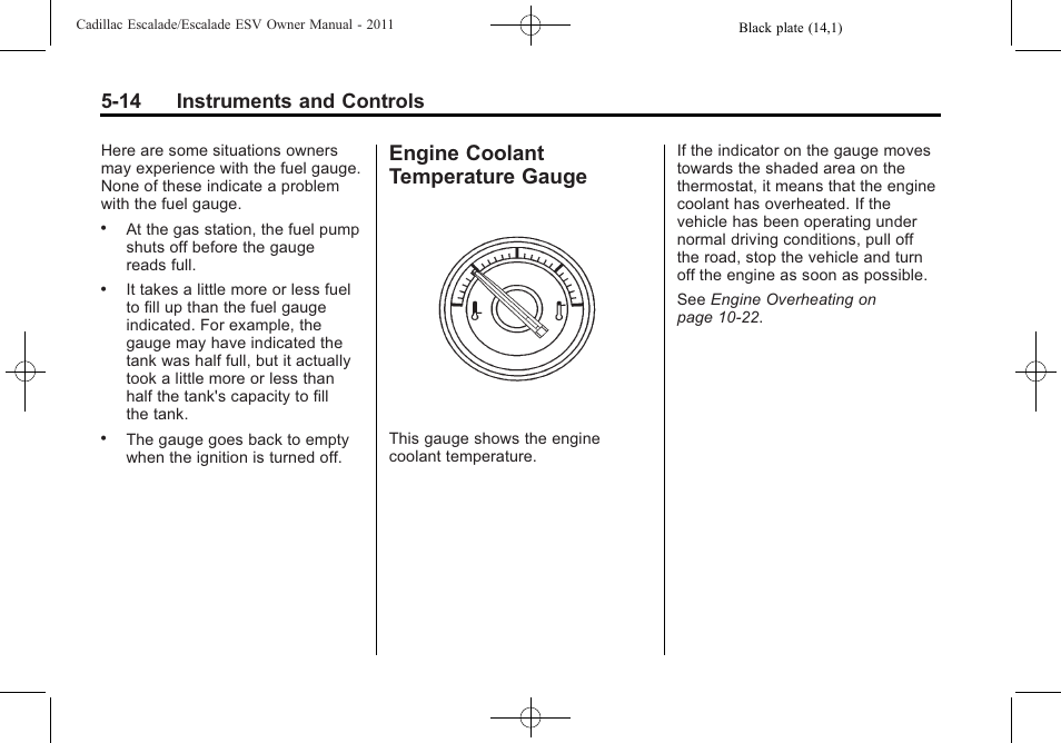 Engine coolant temperature gauge, Engine coolant temperature, Gauge -14 | 14 instruments and controls | Cadillac 2011 Escalade ESV User Manual | Page 152 / 558