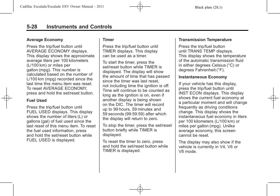 28 instruments and controls | Cadillac 2011 Escalade ESV User Manual | Page 166 / 558