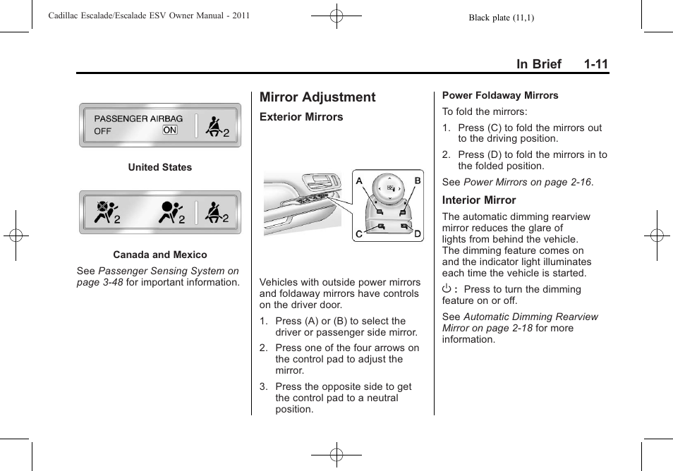 Mirror adjustment, Mirror adjustment -11 | Cadillac 2011 Escalade ESV User Manual | Page 17 / 558