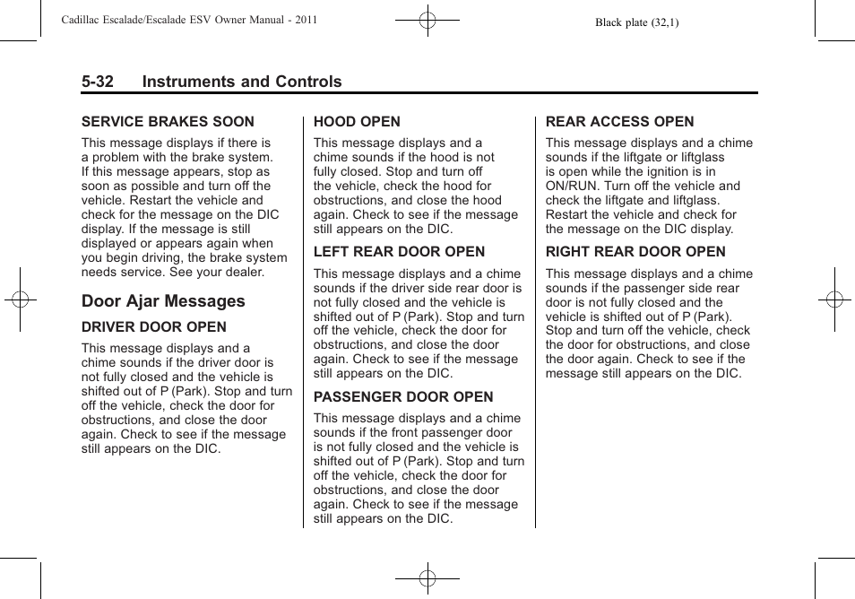 Door ajar messages, Door ajar messages -32, Messages | Cadillac 2011 Escalade ESV User Manual | Page 170 / 558