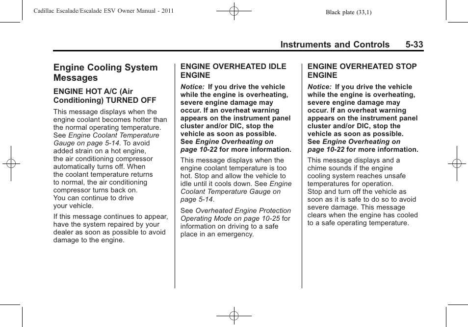 Engine cooling system messages, Engine cooling system, Messages -33 | Cadillac 2011 Escalade ESV User Manual | Page 171 / 558