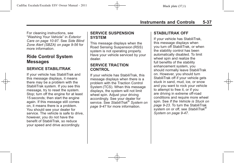 Ride control system messages, Ride control system, Messages -37 | Instruments and controls 5-37 | Cadillac 2011 Escalade ESV User Manual | Page 175 / 558